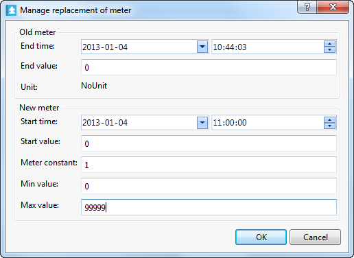 Manage replacement of meter dialog box where you enter the values of the new and old meter.
