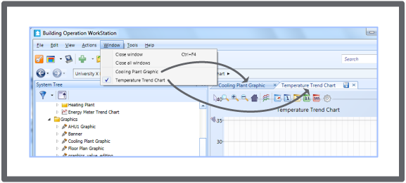 You can use the Windows menu to navigate between open windows in the Work area.
