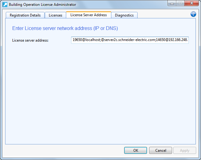 Example of License Server addresses in License Administrator
