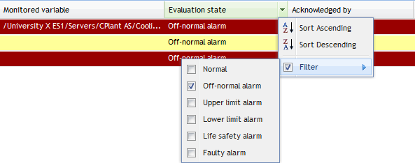 Filtering on Lower limit alarm in the column Evaluation state 
