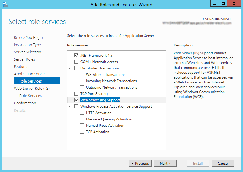 Application Server role services selection (Windows Server 2012)
