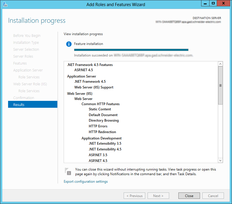 Windows Roles and Features successful installation page (Windows Server 2012)
