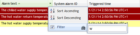 Filtering on "c" in the column Alarm text 
