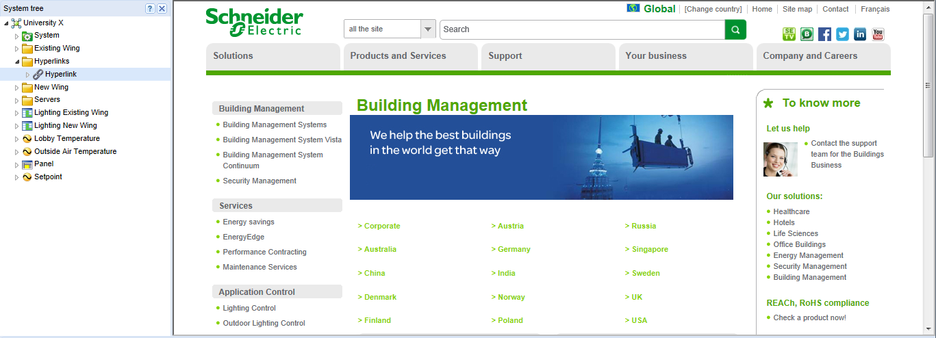A WebStation interface displaying the building business web page of Schneider Electric
