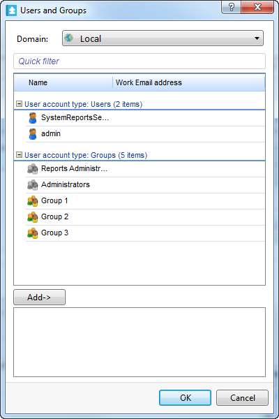 Users and Groups dialog box for email notifications
