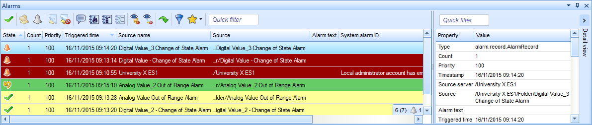 The Alarm Detail view (to the right) in WorkStation 
