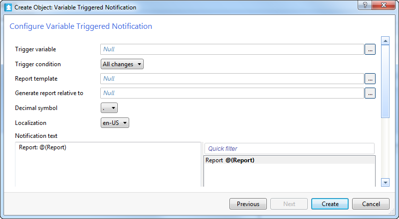 Configure Variable Triggered Notification page

