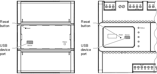 Location of reset button and USB device port on different server models
