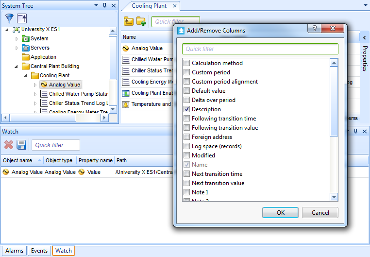 The Quick filter is used in many components, such as the List View (upper right), the Watch pane (bottom left), and the Add/Remove dialog box (center right).
