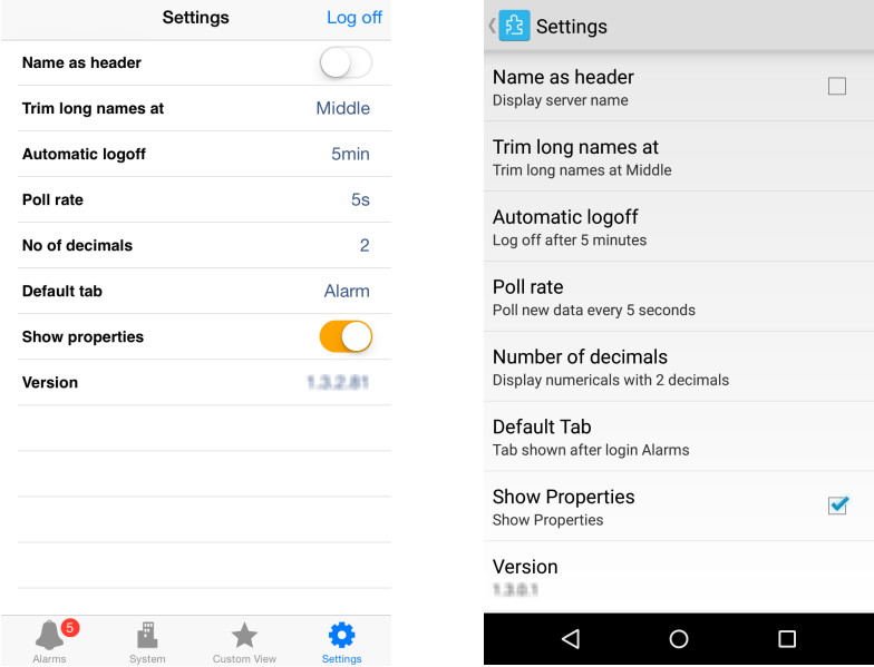 Settings view in iOS and Android
