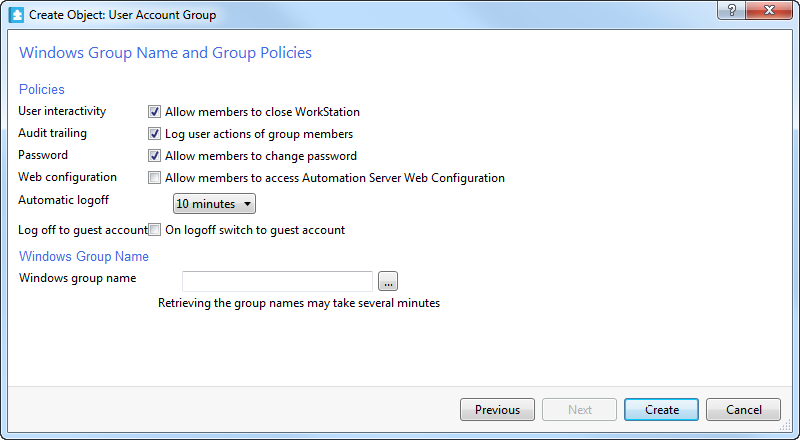Windows group name and group policies page
