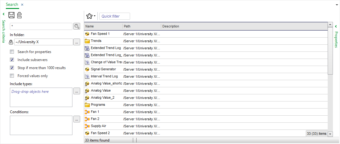  Search View when you have entered an asterisk (*) that finds all objects in University X
