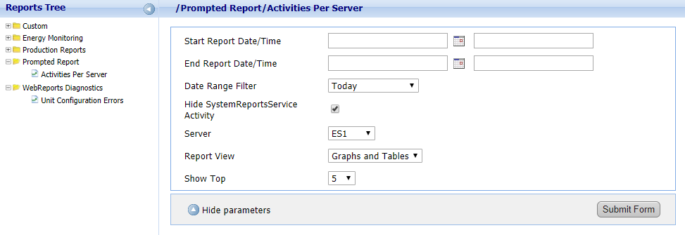 Prompted report in the Reports Tree
