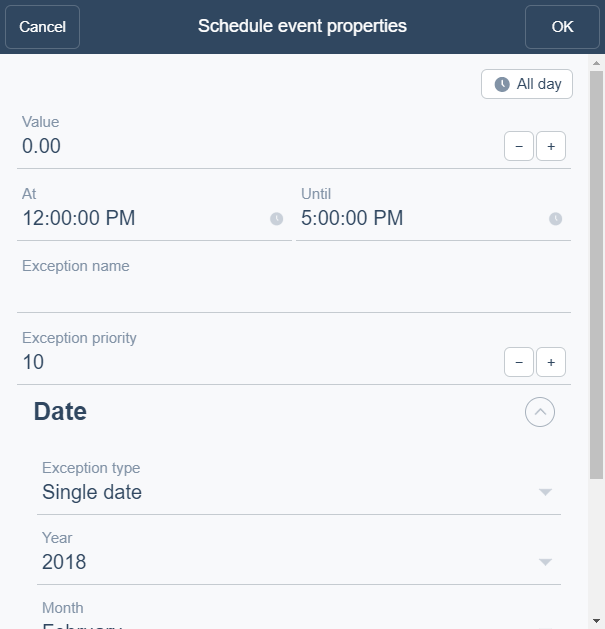 Schedule event properties dialog box – Single date exception view
