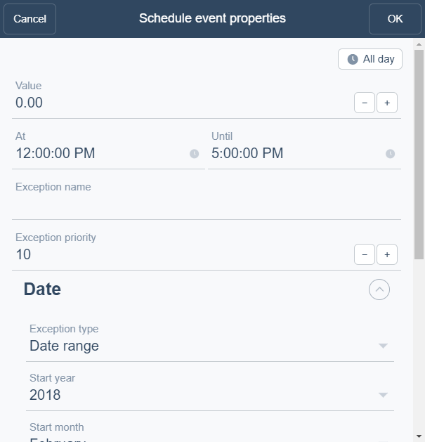 Schedule event properties dialog box – Date range exception view
