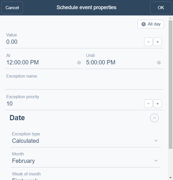 Schedule event properties dialog box – Calculated exception view
