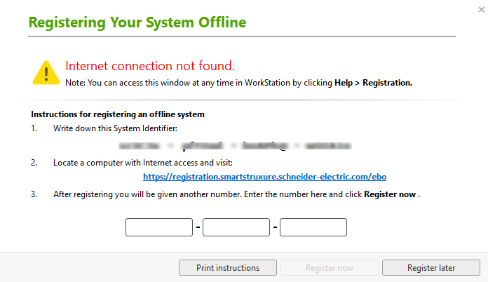 Registering your system offline dialog box
