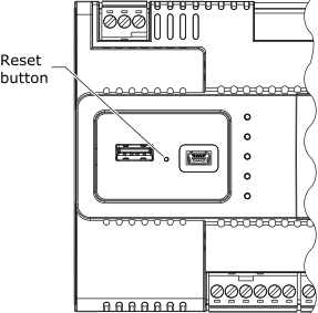 Location of the reset button on the IP-IO module
