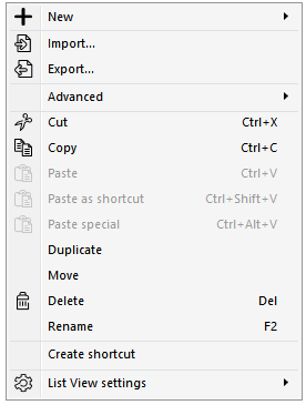 The commands that are always present on the List View context menu
