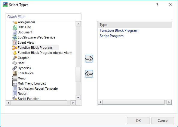 Select Types dialog box when all object types of the categories Function Block Program and Script Program are selected 
