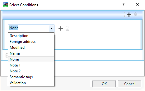 The Select Conditions dialog box when no object type is selected in the Include types dialog box.
