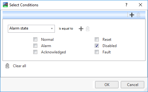 The properties available in the Select Conditions dialog box when alarm is selected in the Include types dialog box.
