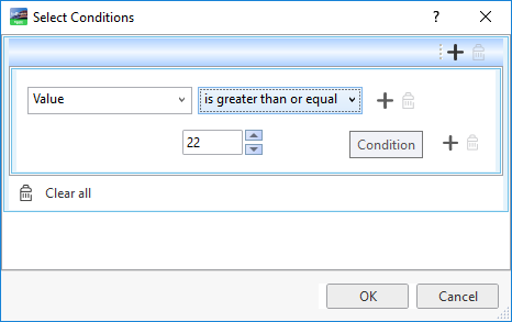 The Select Conditions dialog box when value is set to be greater than or equal to 22
