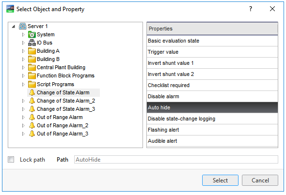 Select object and Property dialog box
