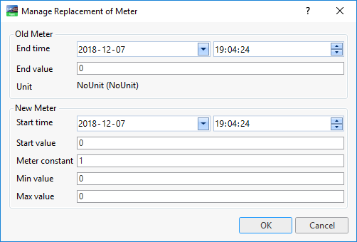 Manage replacement of meter dialog box where you enter the values of both the old and the new meter

