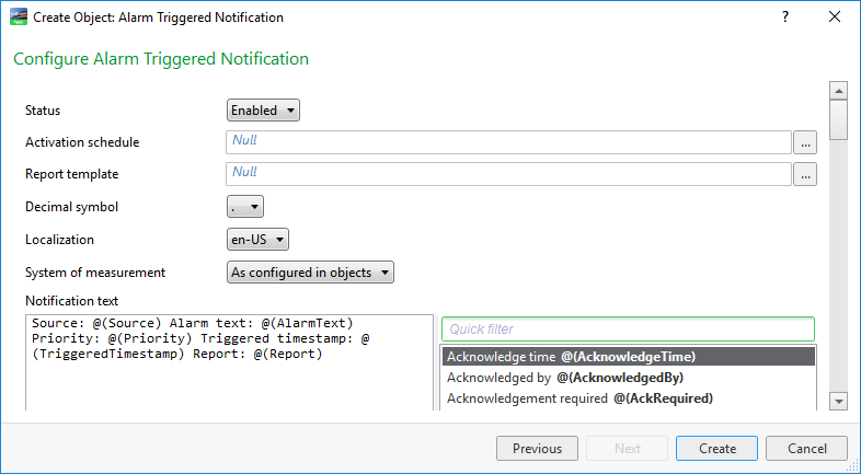 Configure Alarm Triggered Notification page
