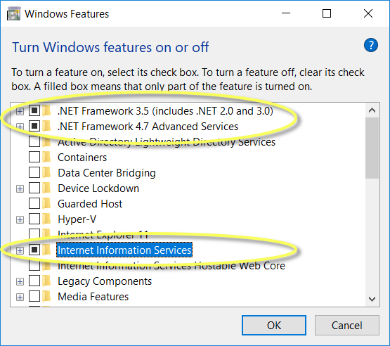 Configuration of roles and features for Windows 10
