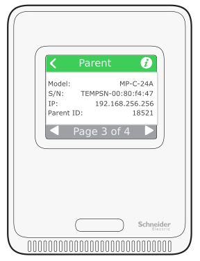 SpaceLogic Sensor Touchscreen Display model- integrator menu parent page
