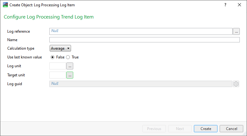 Configure Log Processing Trend Log dialog box 
