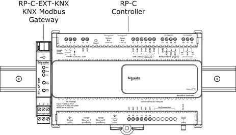 KNX Modbus gateway installed on a horizontal DIN rail next to RP-C 
