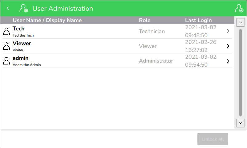 User Administration screen
