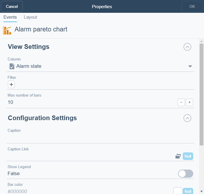 Alarm Pareto Chart - dialog box 
