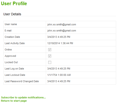 WebHelp User Profile page
