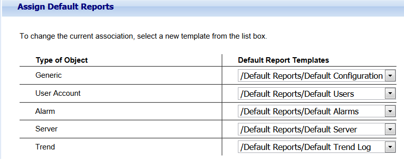 Assign Default Reports page 
